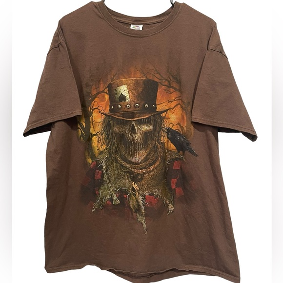 Other - Scarecrow Skull Raven Card Brown Scary Halloween Graphic T-Shirt Men’s XL